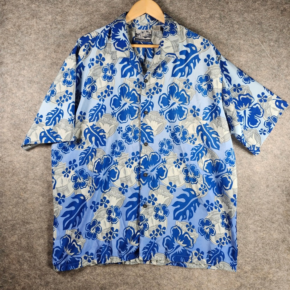 VTG Pineapple Connection Men XL Hawaiian Shirt Aloha‎ Blue Floral Hang Loose 90s